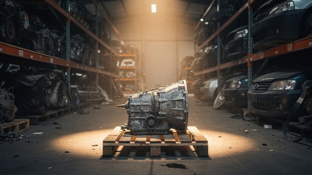 A used automatic gearbox on a pallet under a work light, with racks of recycled car parts receding into shadow behind it.